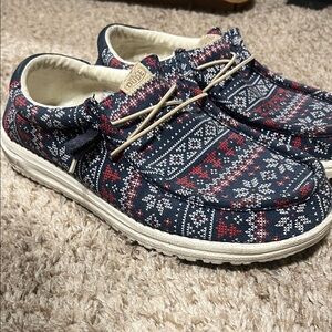 Hey Dude Navy and Red Patterned Shoes